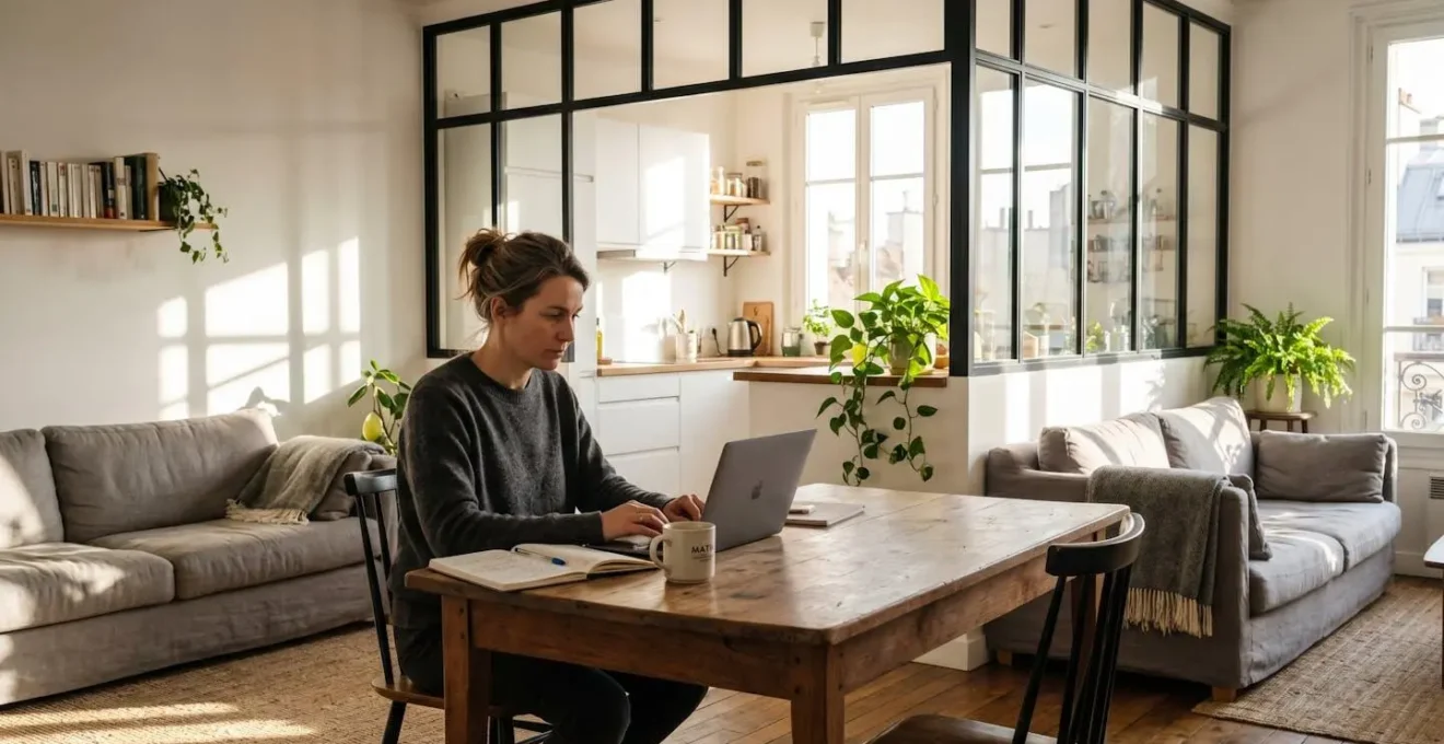 Femme travaillant sur ordinateur portable côté salon, verrière à cadre noir en arrière-plan laissant passer la lumière naturelle de la cuisine