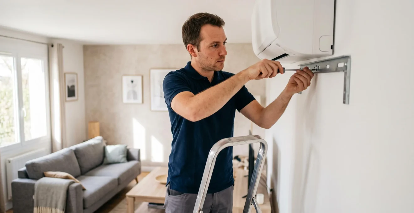 Technicien installant une unité murale de climatiseur réversible dans un salon moderne