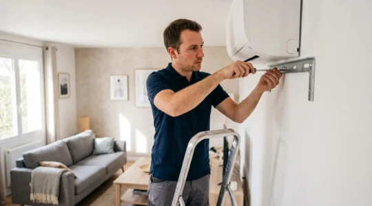 Technicien installant une unité murale de climatiseur réversible dans un salon moderne