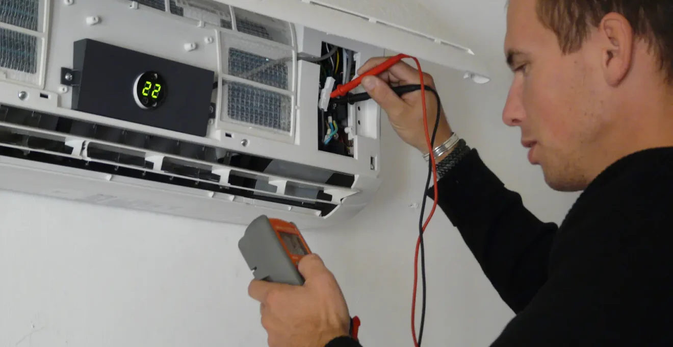 Technicien installant une unité murale de climatiseur réversible dans un salon moderne