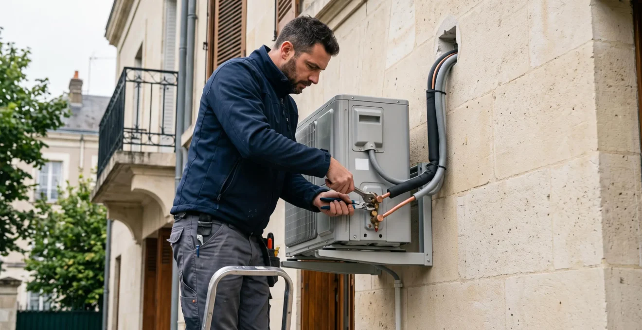 Technicien installant l'unité extérieure d'un climatiseur réversible sur la façade d'un immeuble