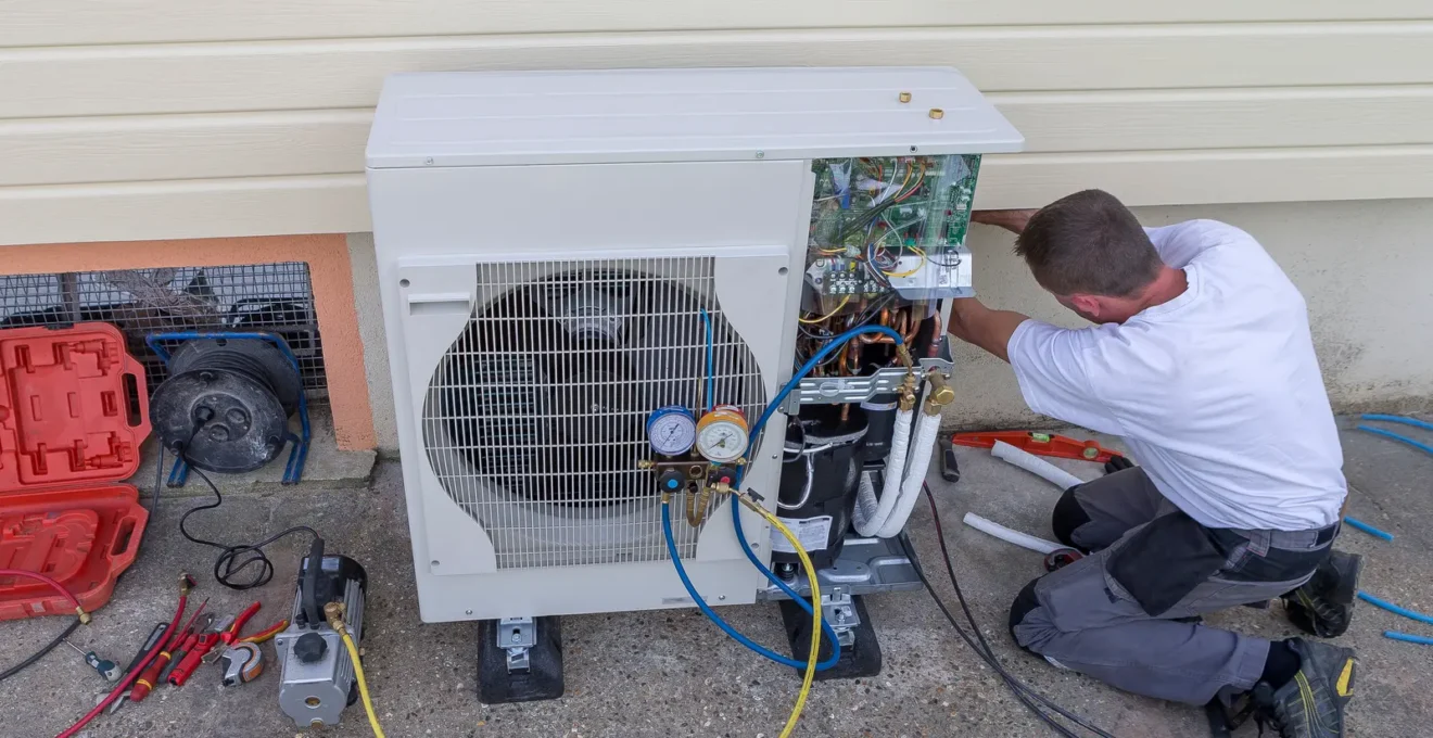 Technicien installant l'unité extérieure d'un climatiseur réversible sur la façade d'un immeuble