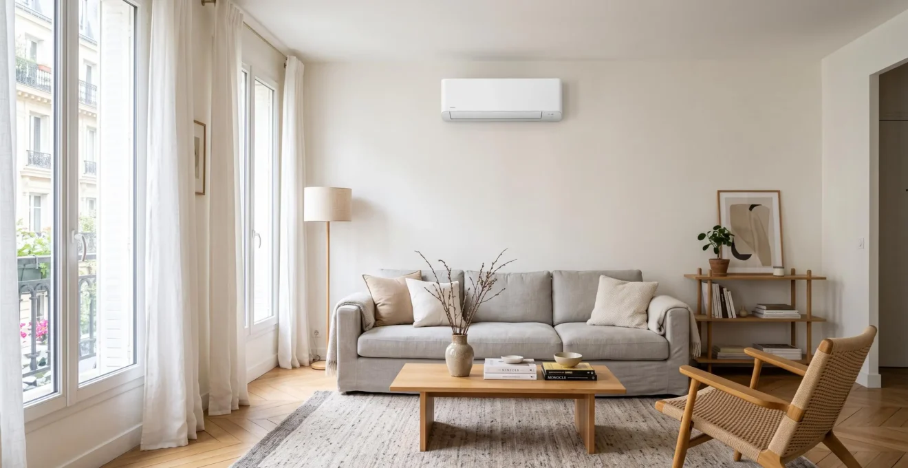 Salon moderne français avec climatiseur réversible mural installé au-dessus du canapé