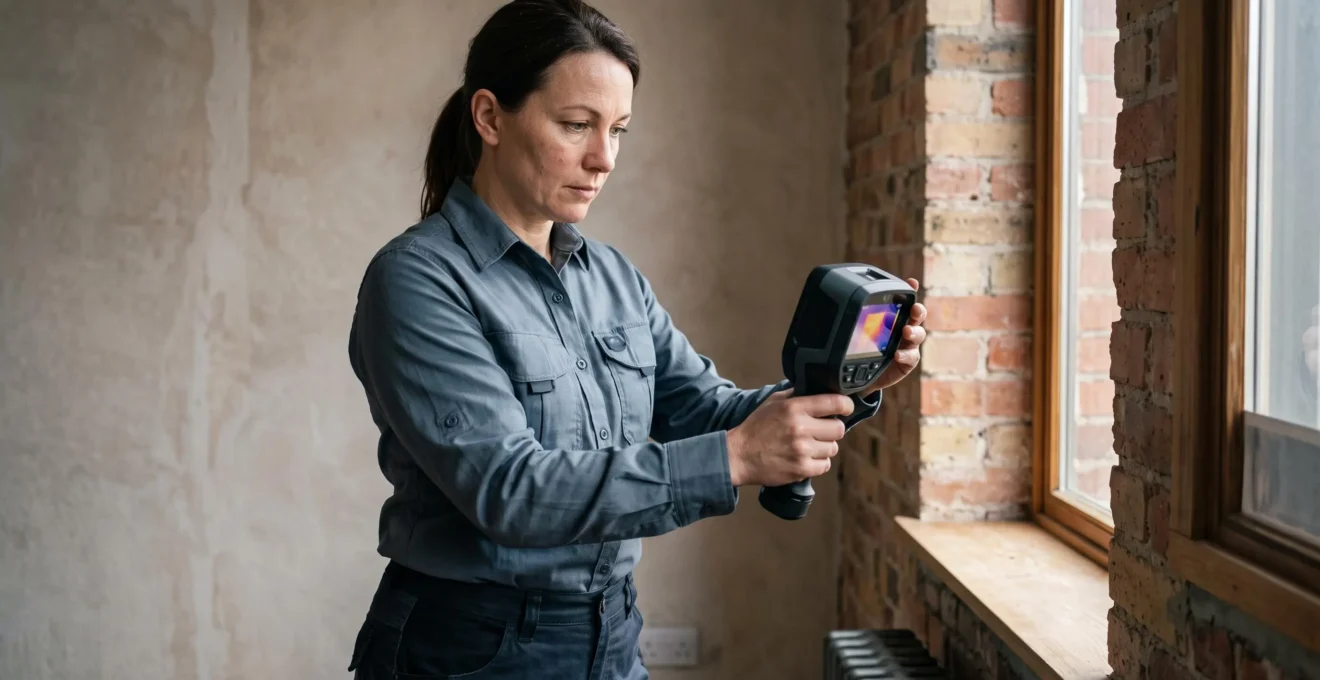Technicienne certifiée utilisant un appareil de mesure pour évaluer les besoins thermiques d'une pièce