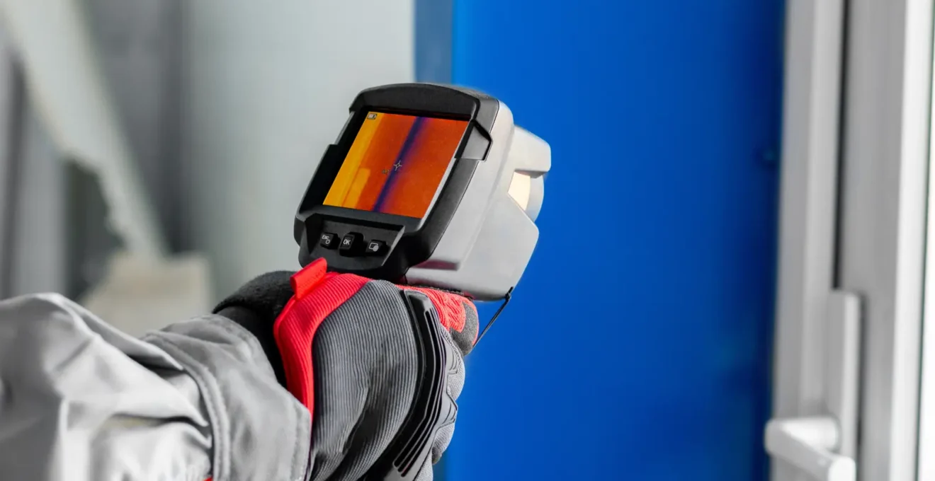 Technicienne certifiée utilisant un appareil de mesure pour évaluer les besoins thermiques d'une pièce